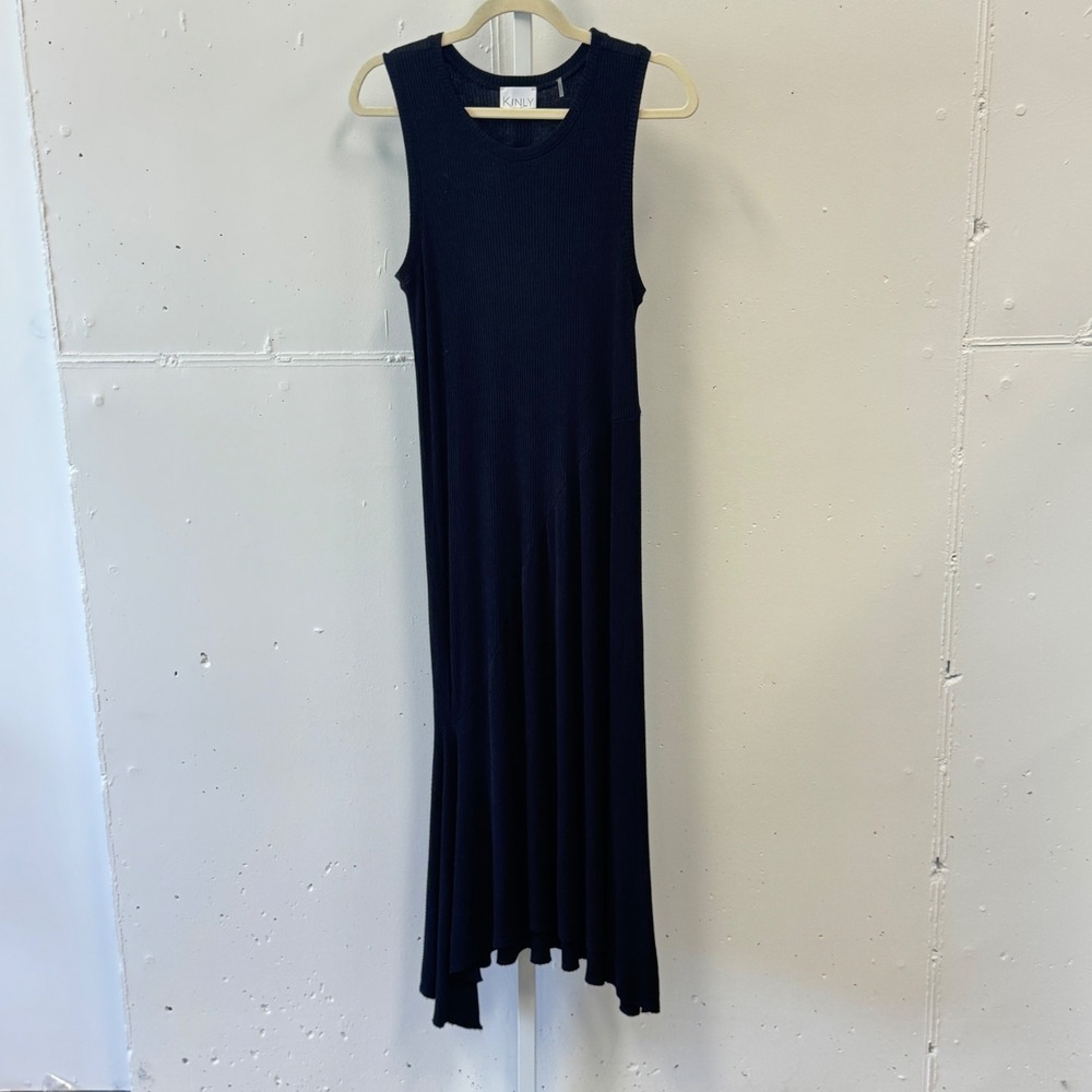 Kinly Black Ribbed Knit Sleeveless Asymmetrical Handkerchief Hem Maxi Dress XS/S